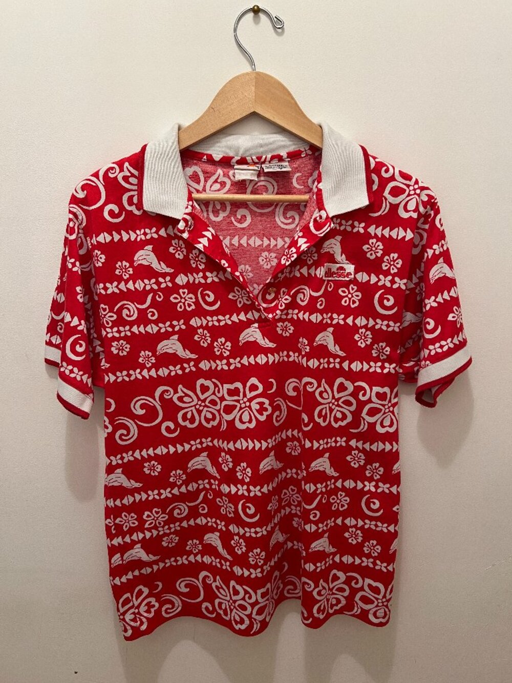 Vintage Ellesse Tropical Dolphin Print Polo Shirt Red Hawaiian Vacation Top – 6